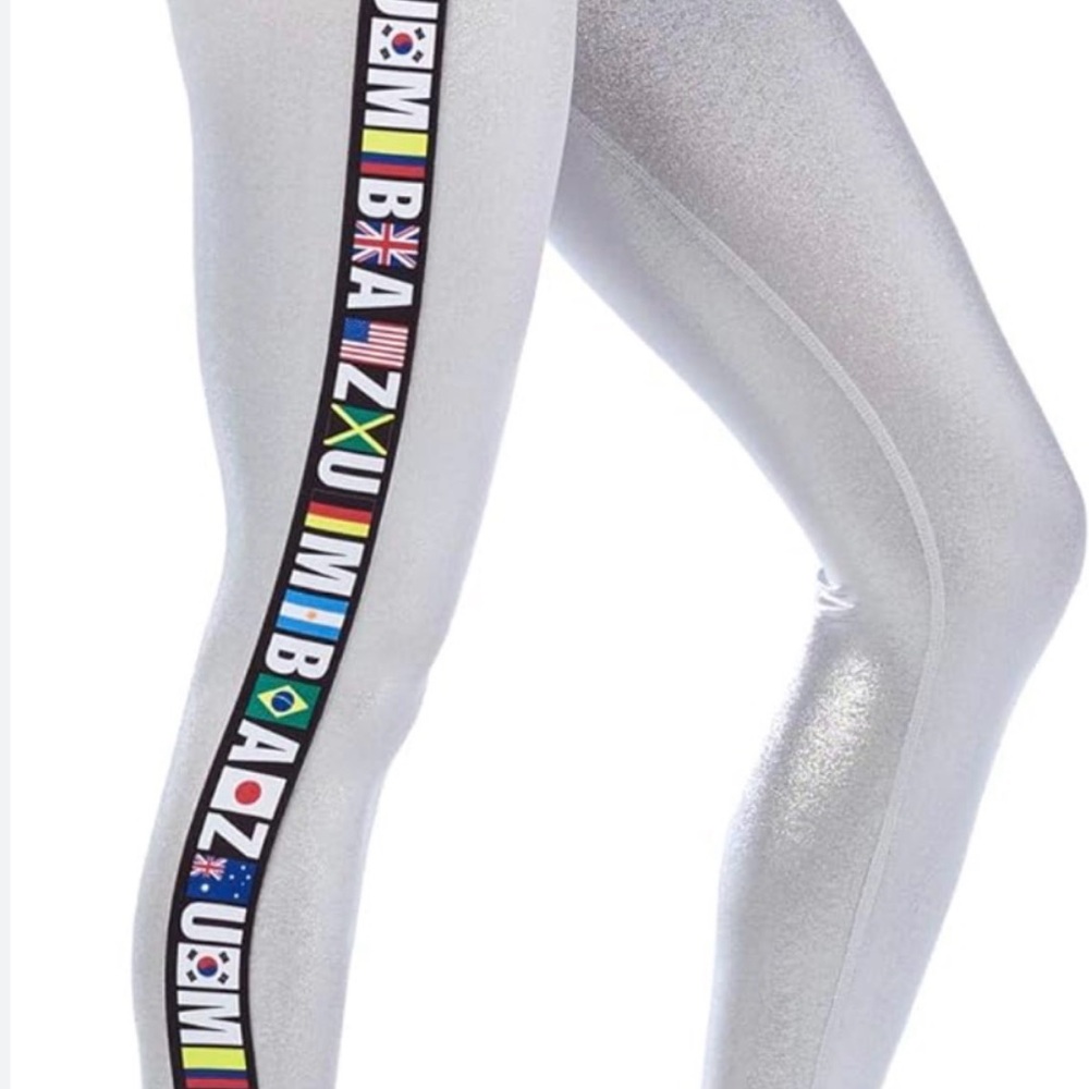 Zumba Fitness Silver Leggings with Flag Detail S EUC